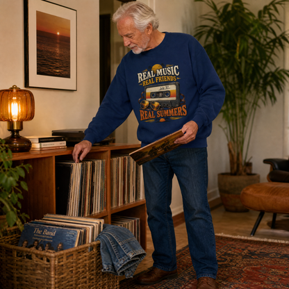 Navy vintage sweatshirt with Real Music Real Friends print worn by senior man indoors