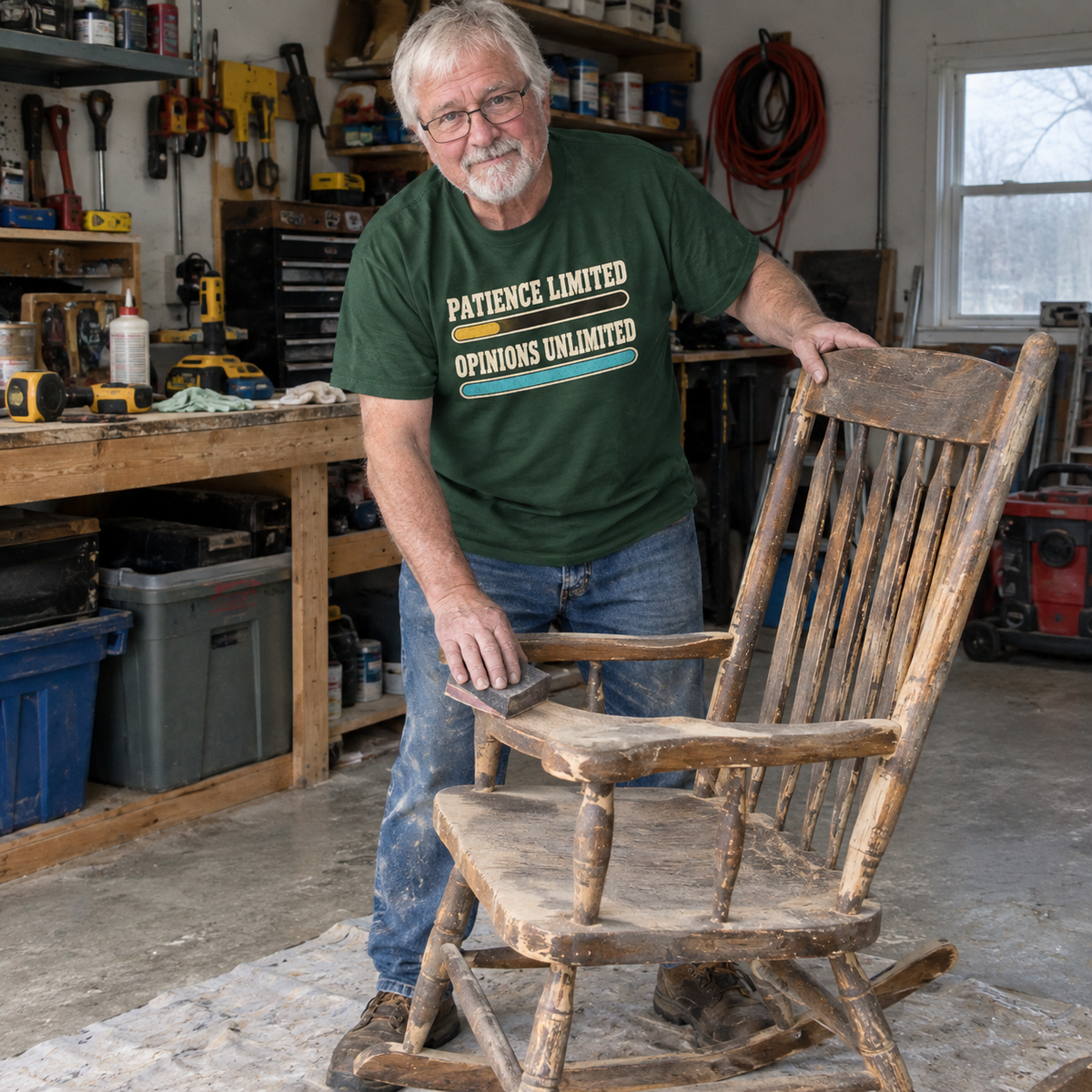 Green vintage t-shirt with Patience Limited Opinions Unlimited print, worn by senior man restoring a chair.