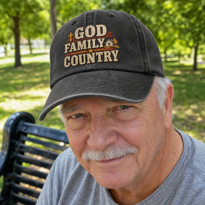 Senior man wearing black vintage washed cap with printed God Family Country slogan outdoors