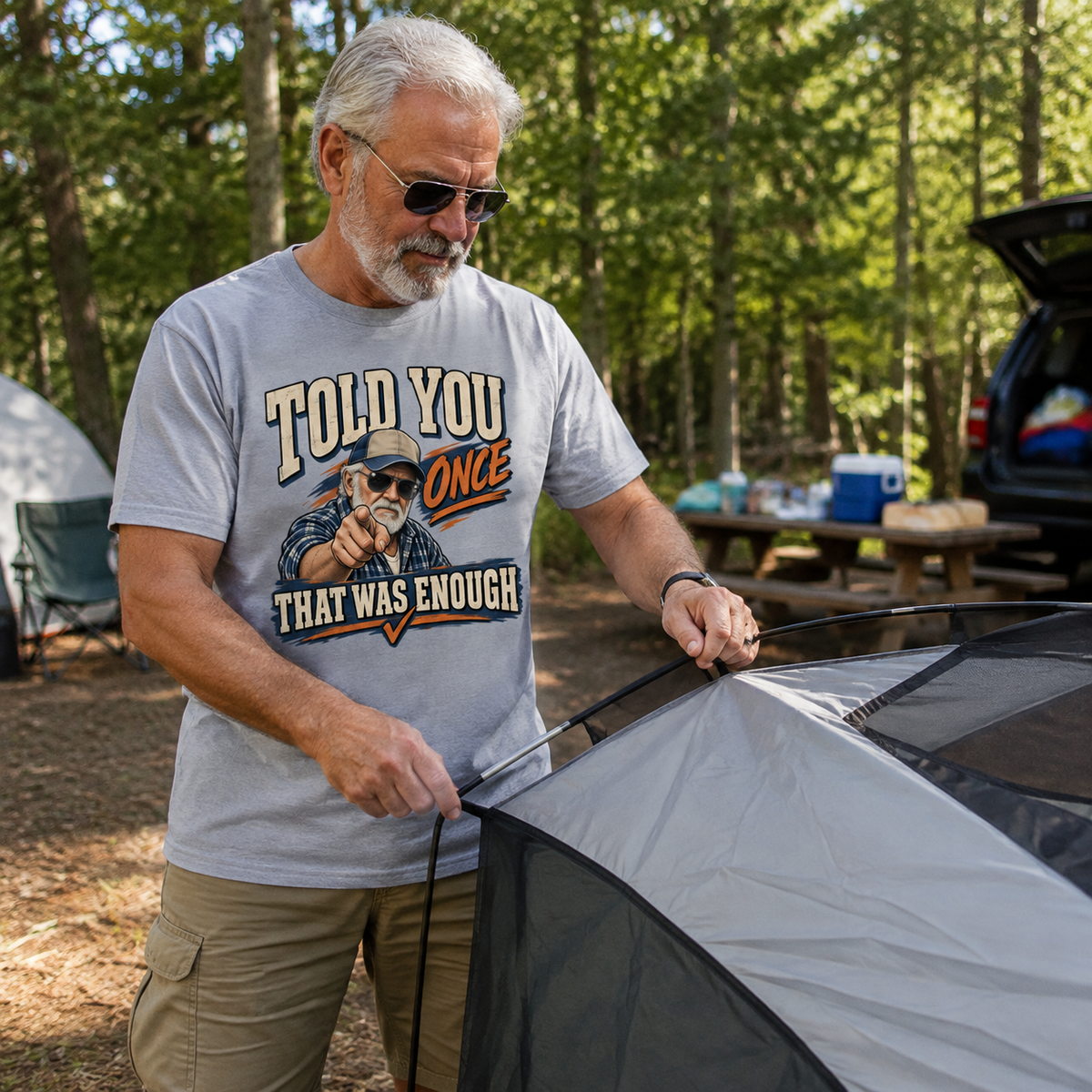Senior man wearing gray vintage t-shirt with printed Told You Once That Was Enough design