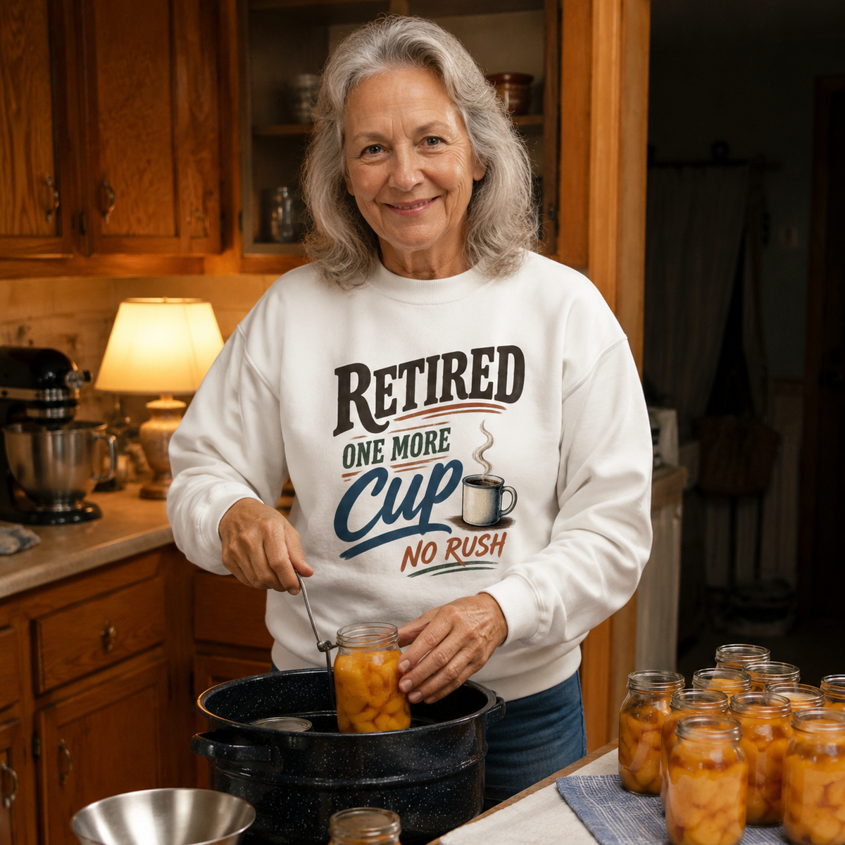 Senior woman wearing white vintage sweatshirt with printed Retired One More Cup slogan in kitchen