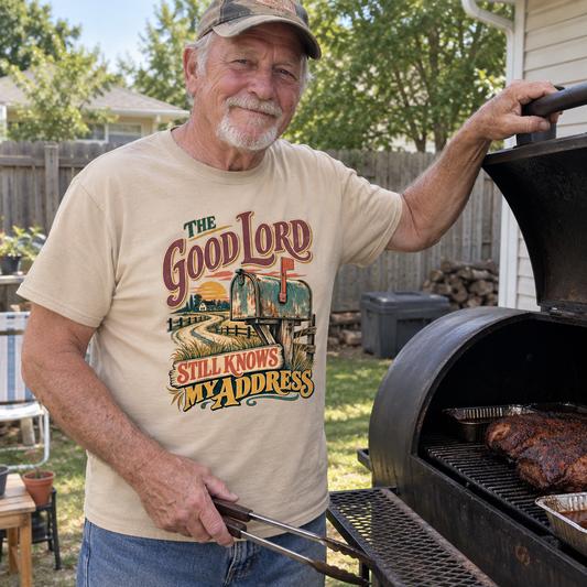 Senior grills in beige vintage t-shirt printed The Good Lord Still Knows My Address