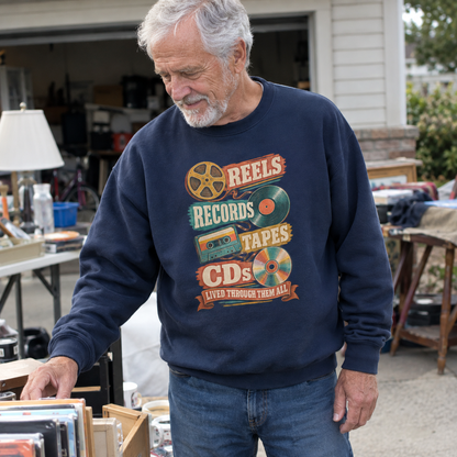 Senior man wearing navy vintage sweatshirt with printed reels records tapes CDs design outdoors

Refine the vintage music