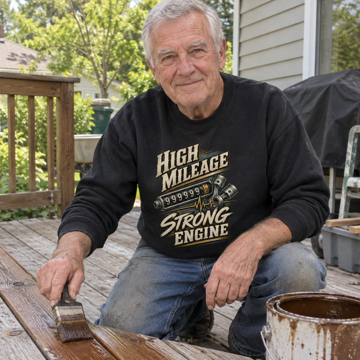 Senior man painting a deck in black vintage sweatshirt with printed High Mileage Strong Engine design