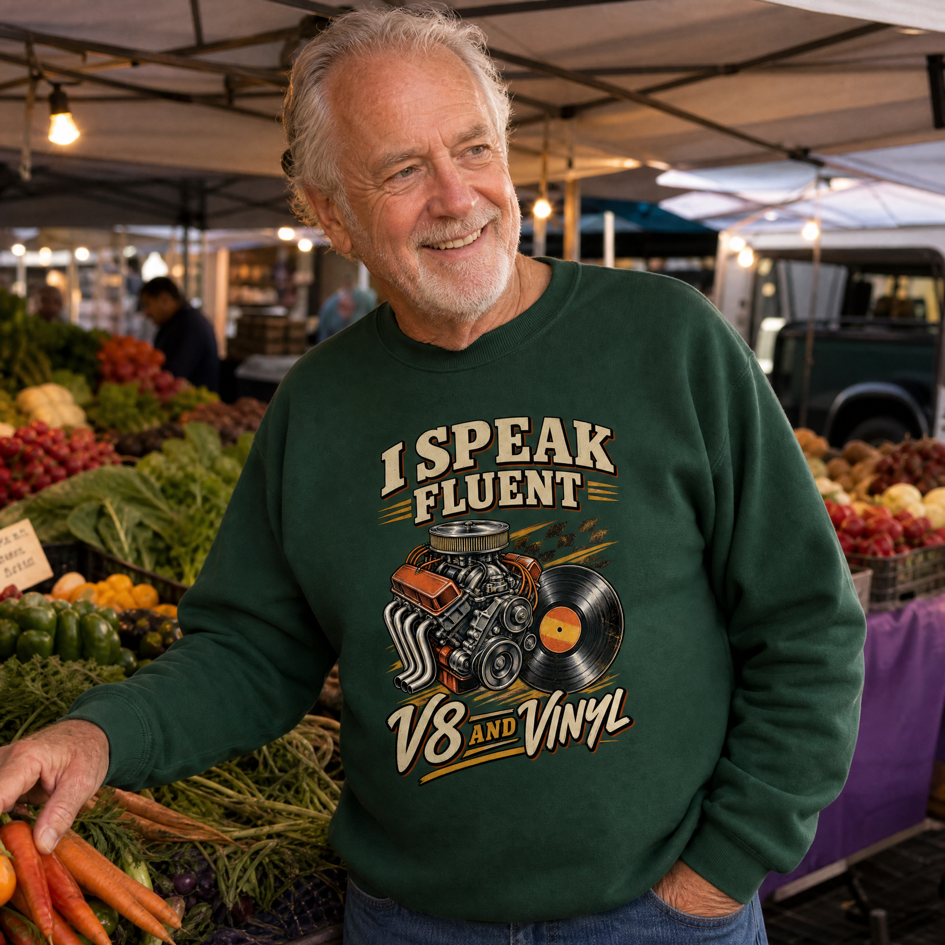 Senior wearing vintage sweatshirt with 32 v8 and vinyl ideogram 4x printed design