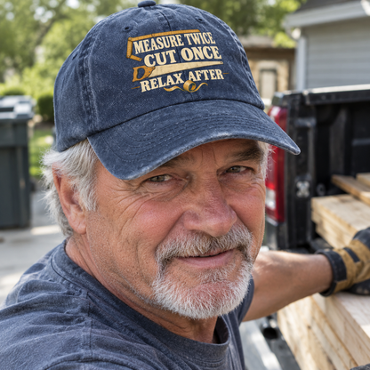 Navy vintage washed cap with printed Measure Twice Cut Once. Relax After slogan, worn by senior man