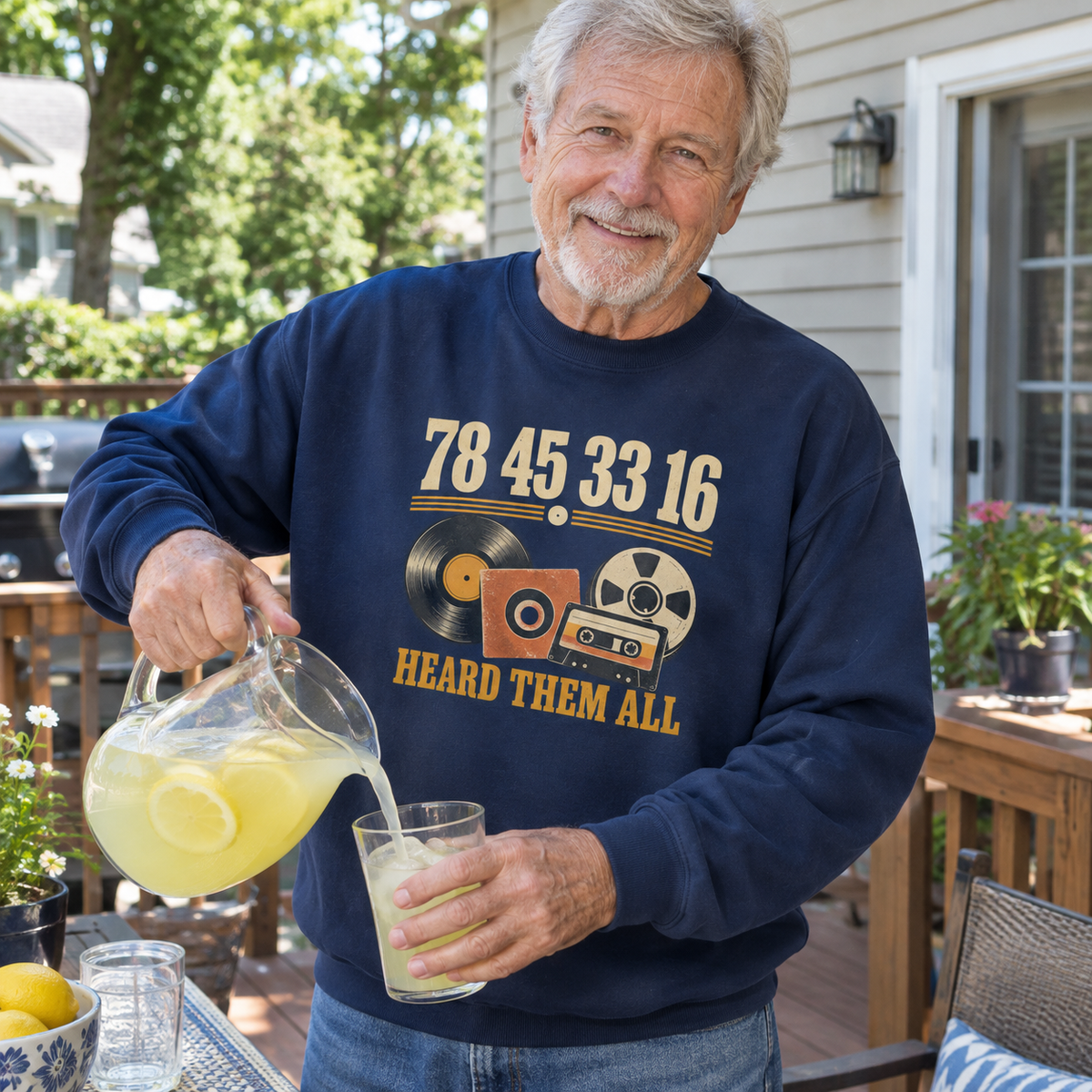 Navy vintage sweatshirt with printed 78 45 33 16 Hard Them All design, senior outdoors.

Would you like a polished product