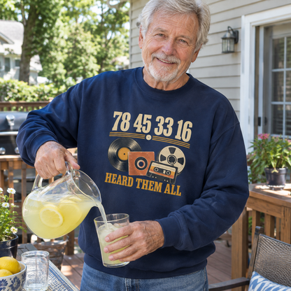 Navy vintage sweatshirt with printed 78 45 33 16 Hard Them All design, senior outdoors.

Would you like a polished product