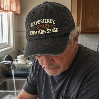 Senior man wearing black vintage washed cap with printed Experience Scars Common Sense slogan indoors