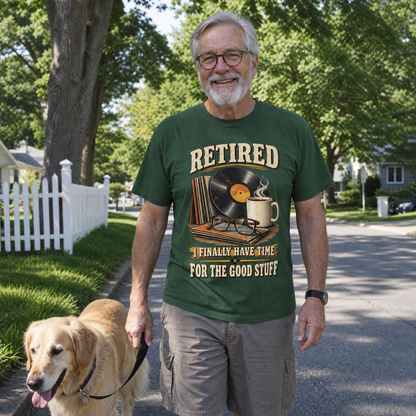 Vintage t-shirt featuring printed “40 time for the good stuff” slogan in lifestyle view