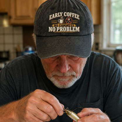 Senior man wearing a black vintage washed cap with printed Early Coffee slogan, fishing.