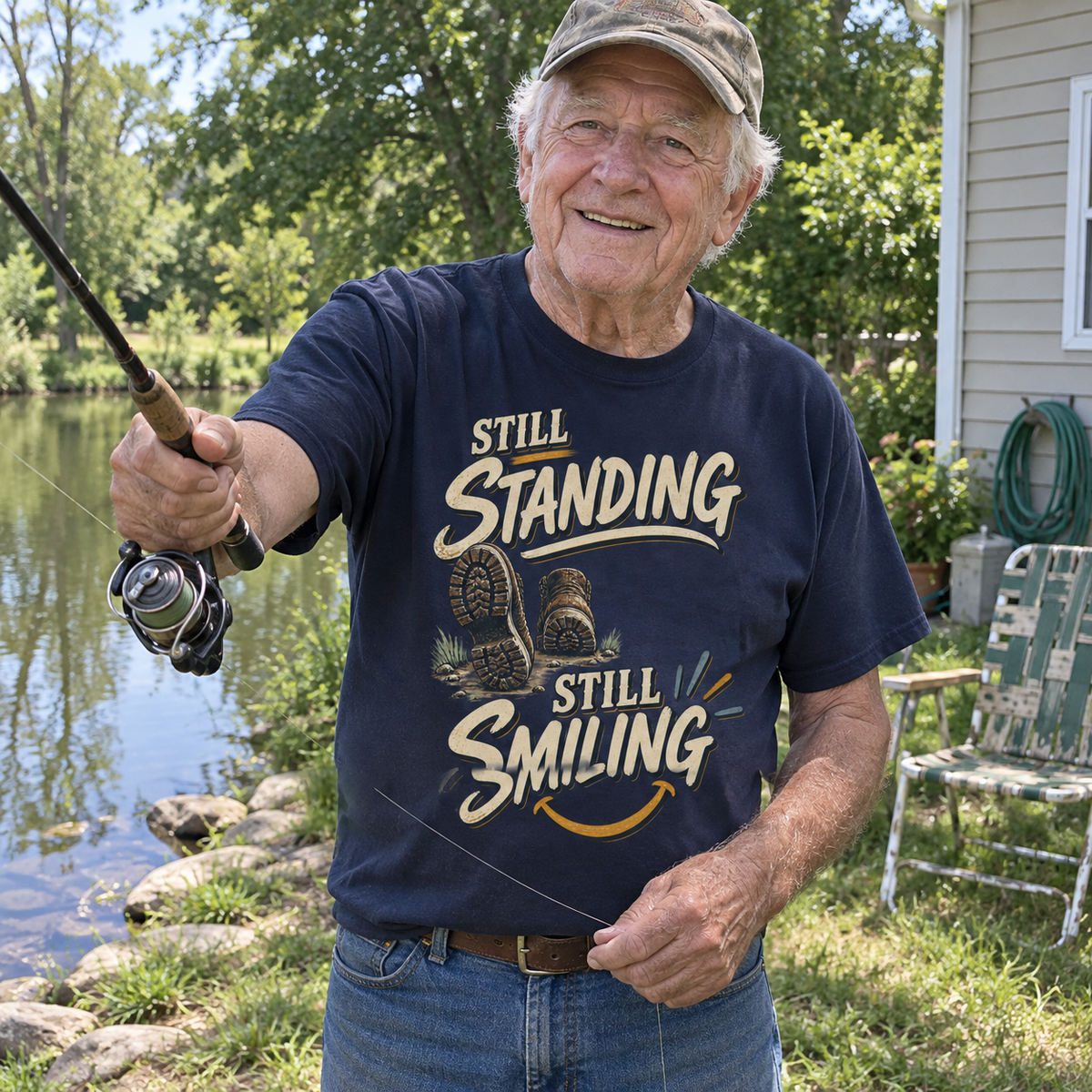 Senior man fishing lakeside wearing navy vintage t-shirt with printed Still Standing Still Smiling design