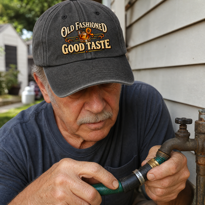 Senior man wearing black vintage washed cap with printed Old Fashioned Good Taste outdoors