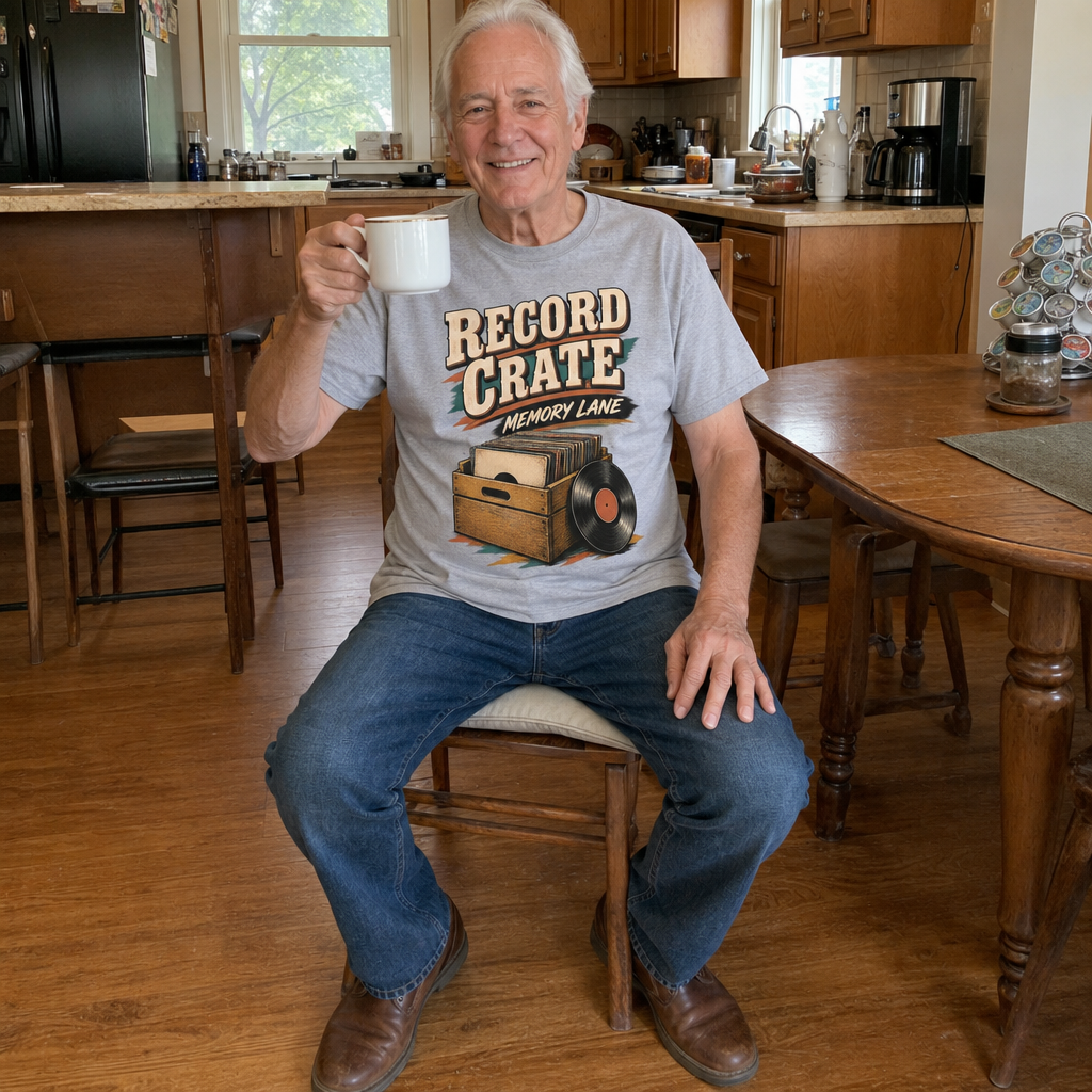 Senior man wearing gray Record Crate Memory Lane vintage t-shirt in kitchen lifestyle setting