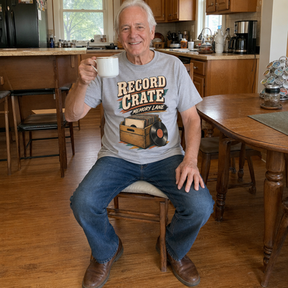 Senior man wearing gray Record Crate Memory Lane vintage t-shirt in kitchen lifestyle setting