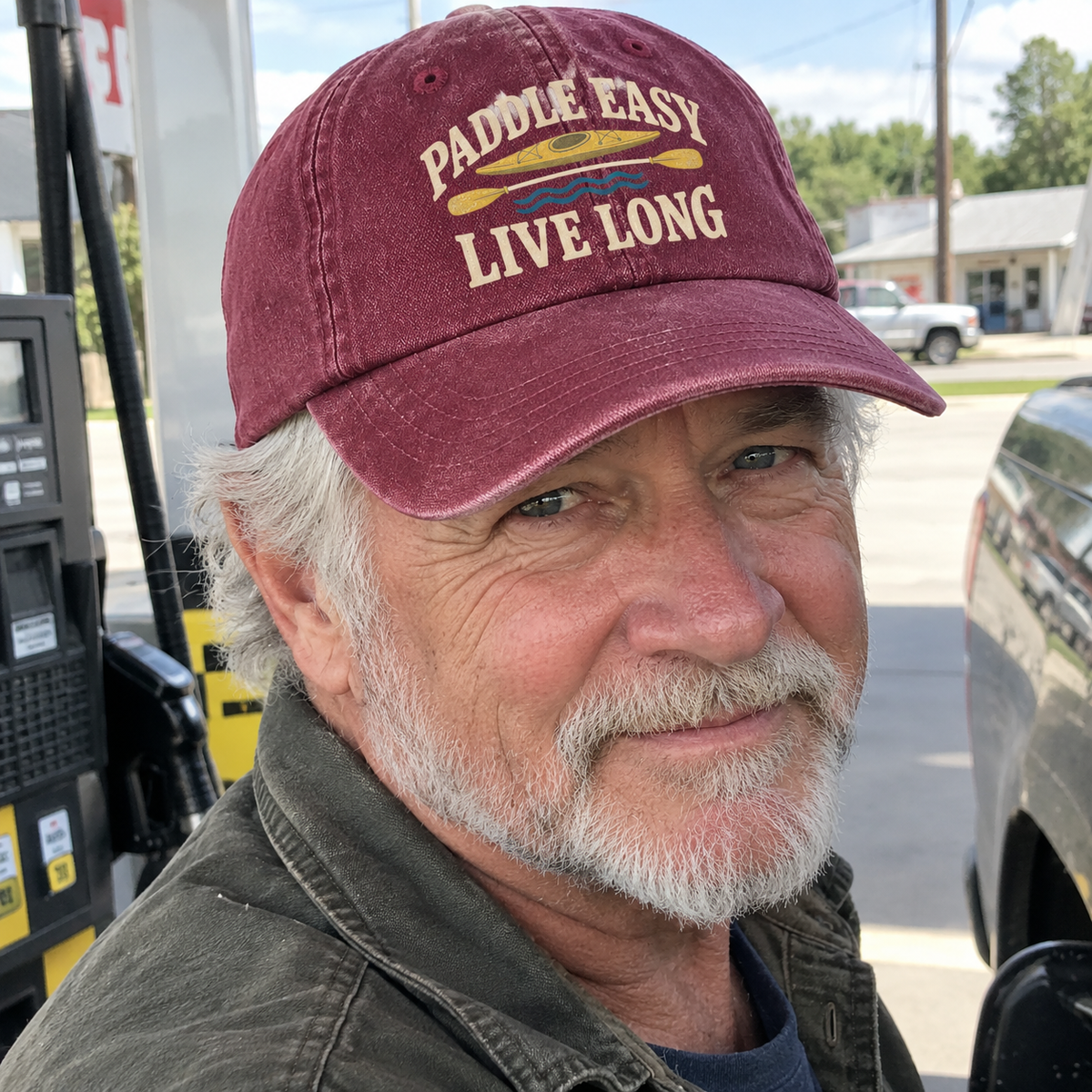 Senior man wearing maroon vintage washed cap with Paddle Easy Live Long printed design