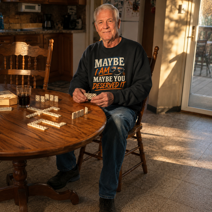 Senior man wearing black vintage sweatshirt with printed Maybe I Am Maybe You Deserved It