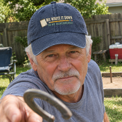Vintage washed blue cap with printed “We Wrote It Down” slogan worn by senior man outdoors