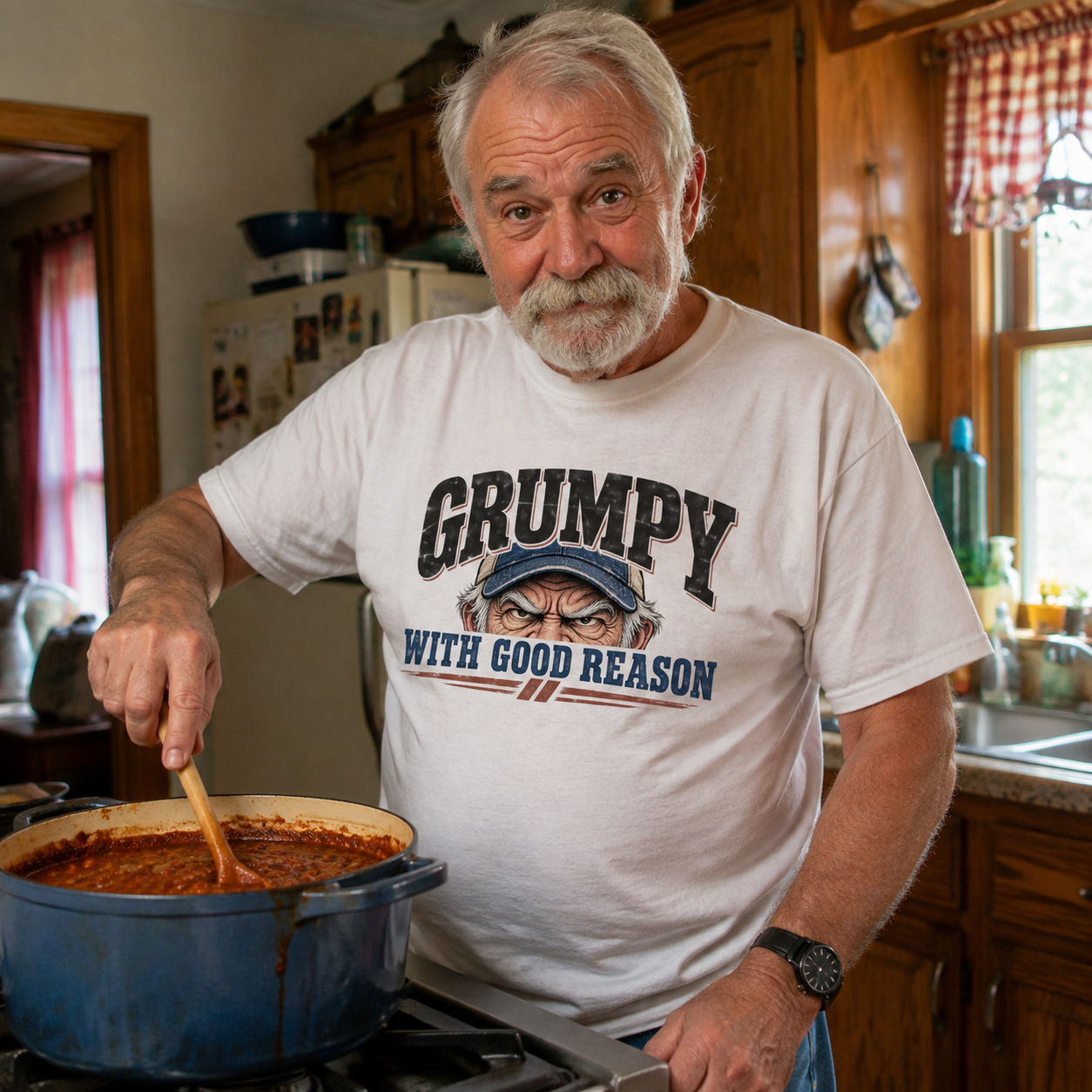 Senior man wearing white vintage t-shirt printed Grumpy With Good Reason slogan in kitchen