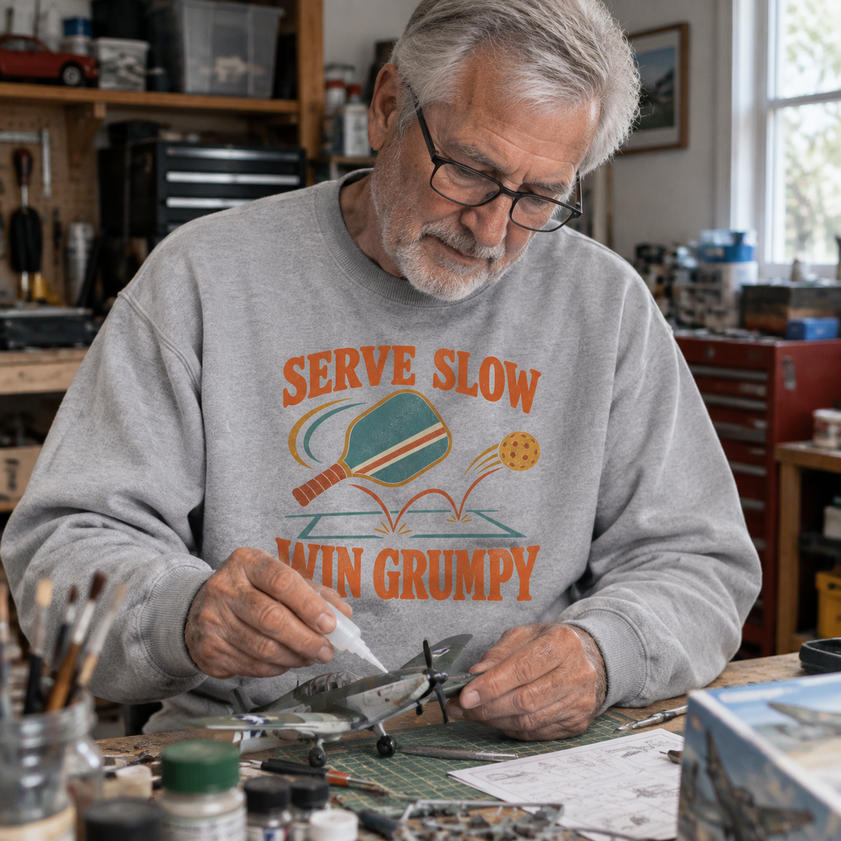 Senior man wears gray vintage sweatshirt with printed Serve Slow Win Grumpy slogan.