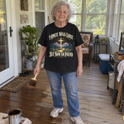 Senior woman wearing black vintage t-shirt printed I Once Was Lost But Now Am Found