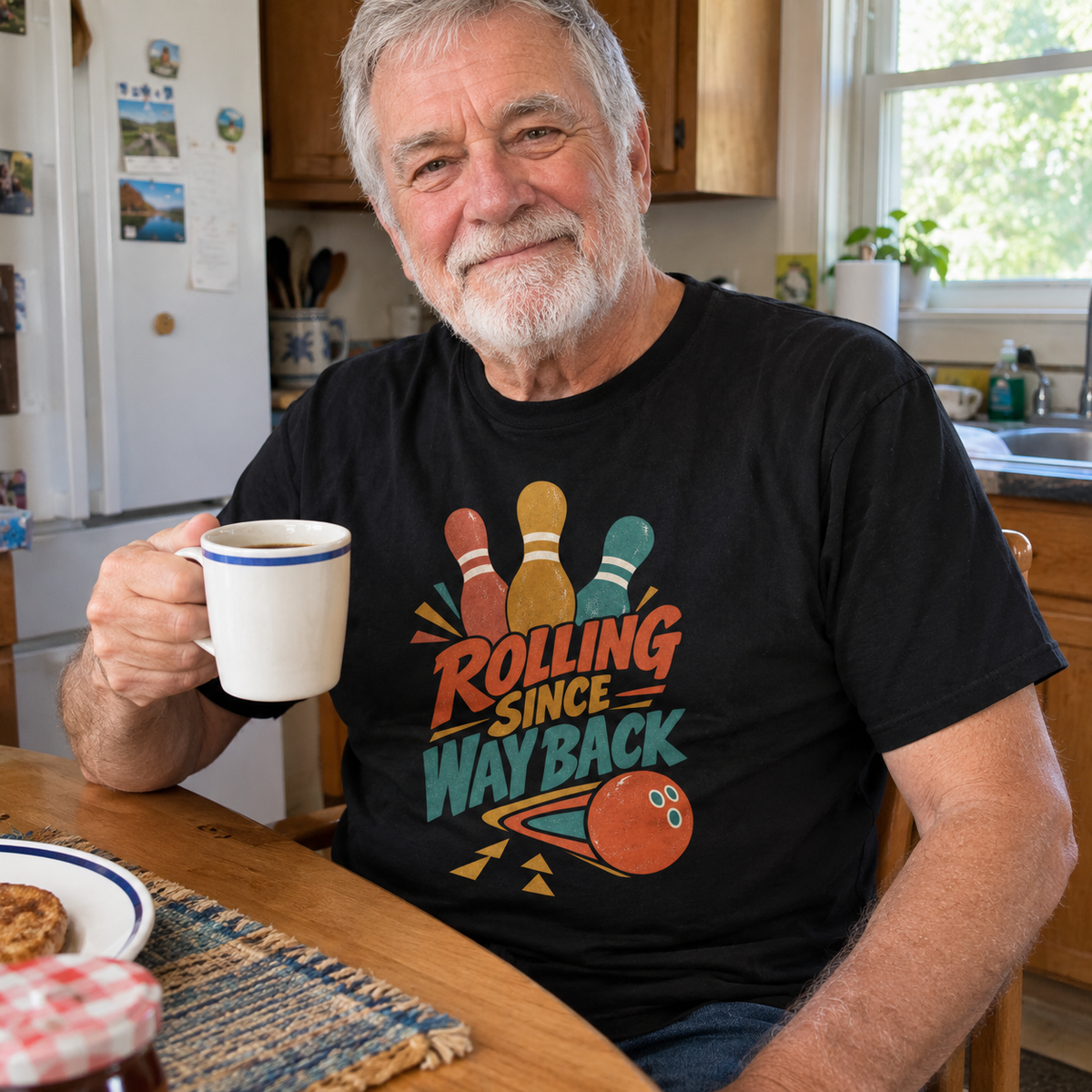 Black vintage t-shirt with printed Bowling Since Way Back slogan worn by senior man at kitchen table