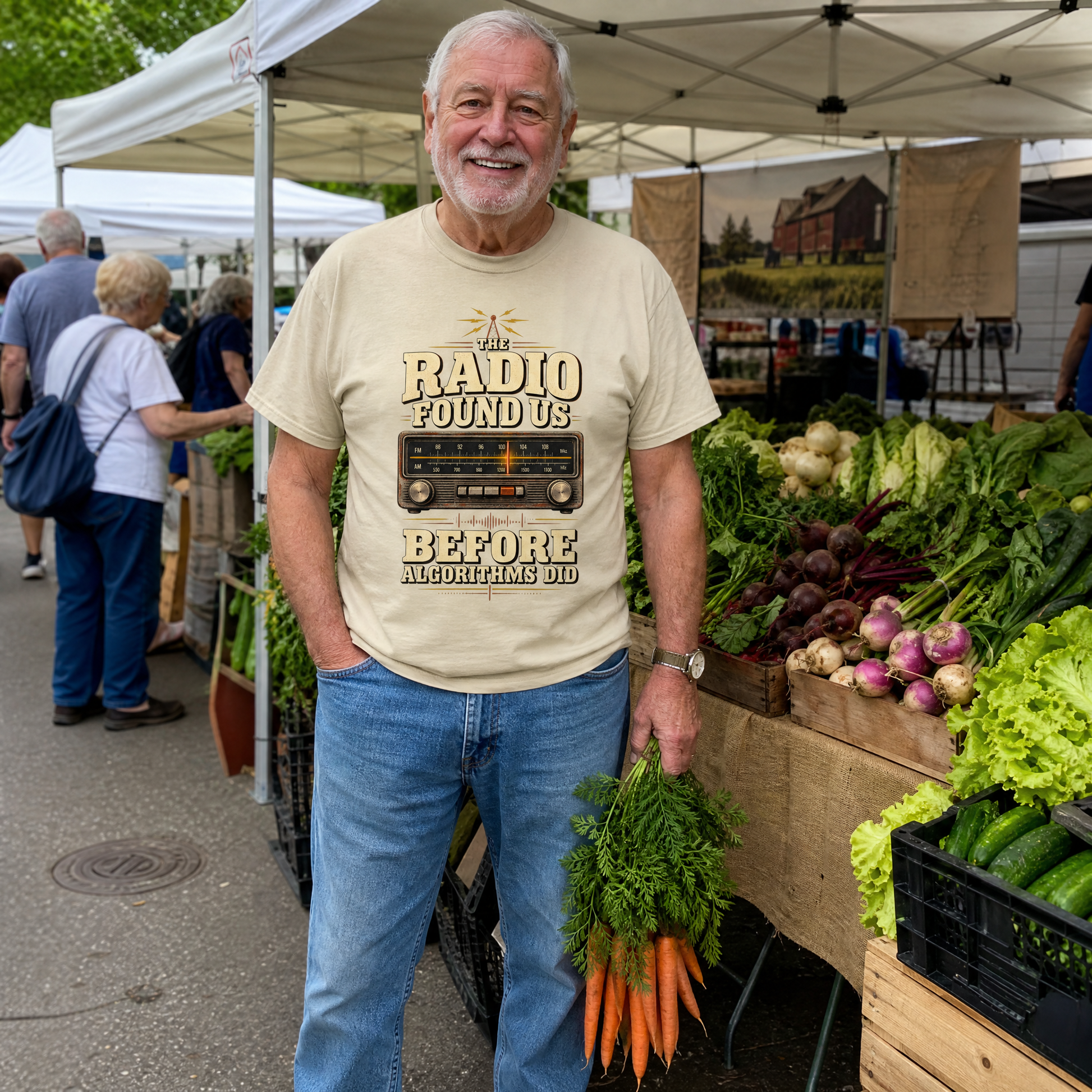 Senior man wearing cream vintage t-shirt printed The Radio Found Us Before Algorithms Did