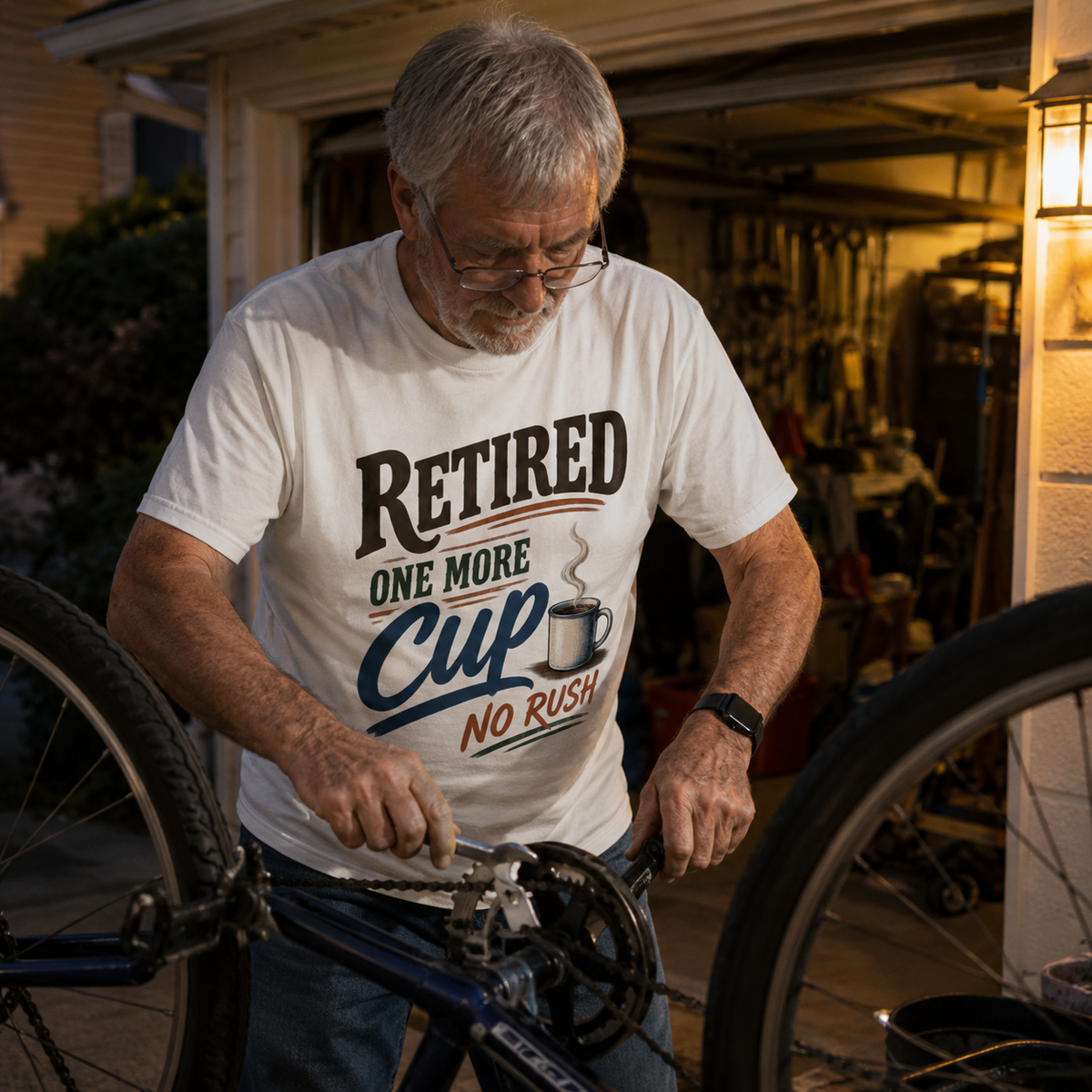 Senior man wearing white vintage t-shirt with printed Retired One More Cup No Rush design