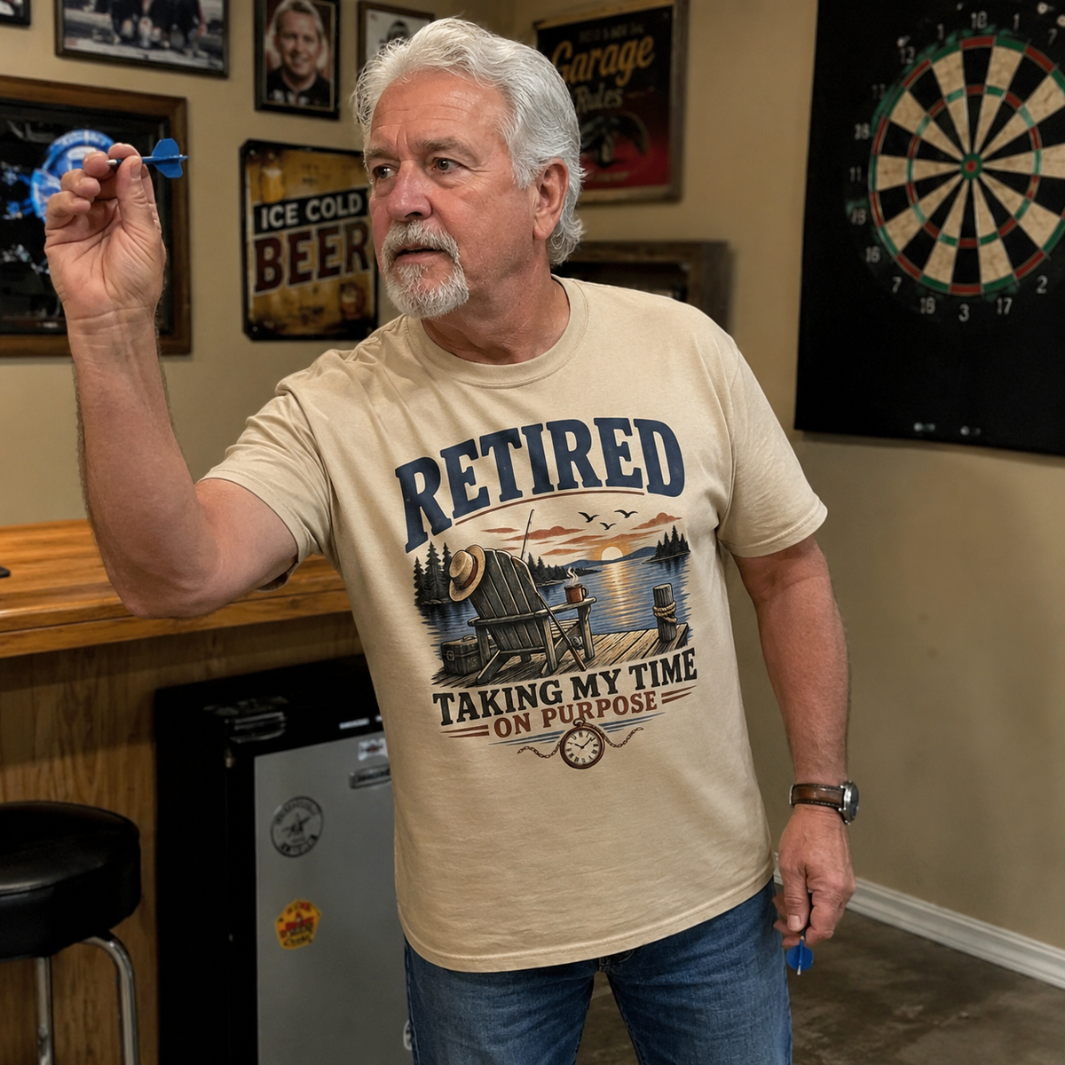 Vintage t-shirt with printed Retired Taking My Time On Purpose slogan, senior man playing darts