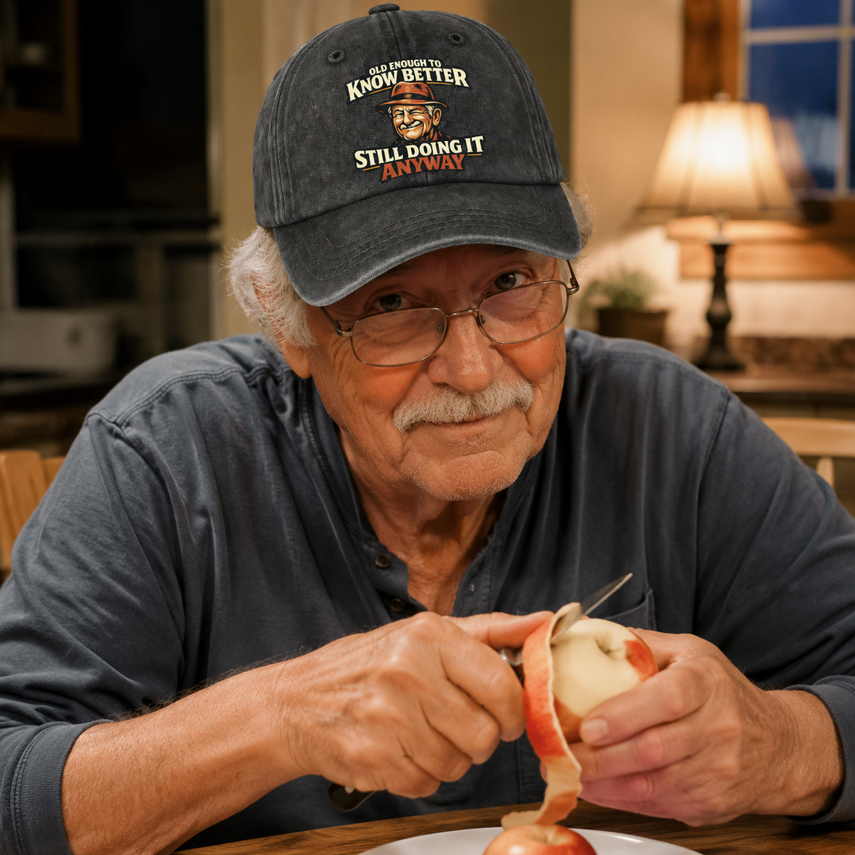 Senior man wearing dark vintage washed cap with printed slogan indoors