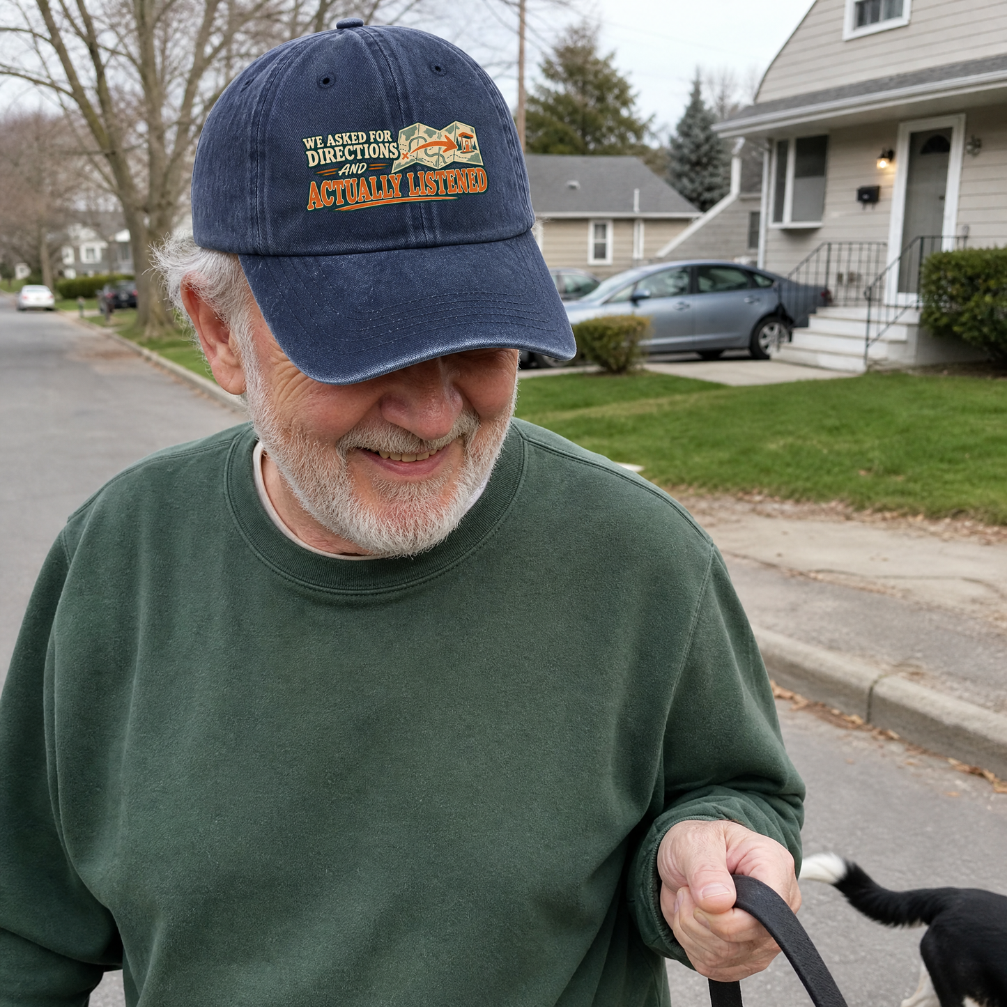 Navy vintage washed cap with printed directions slogan worn by senior man outdoors
