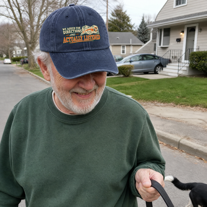 Navy vintage washed cap with printed directions slogan worn by senior man outdoors