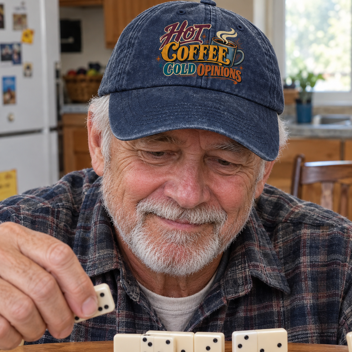 Vintage washed cap with Hot Coffee Cold Opinions print, worn by senior man playing dominoes in kitchen