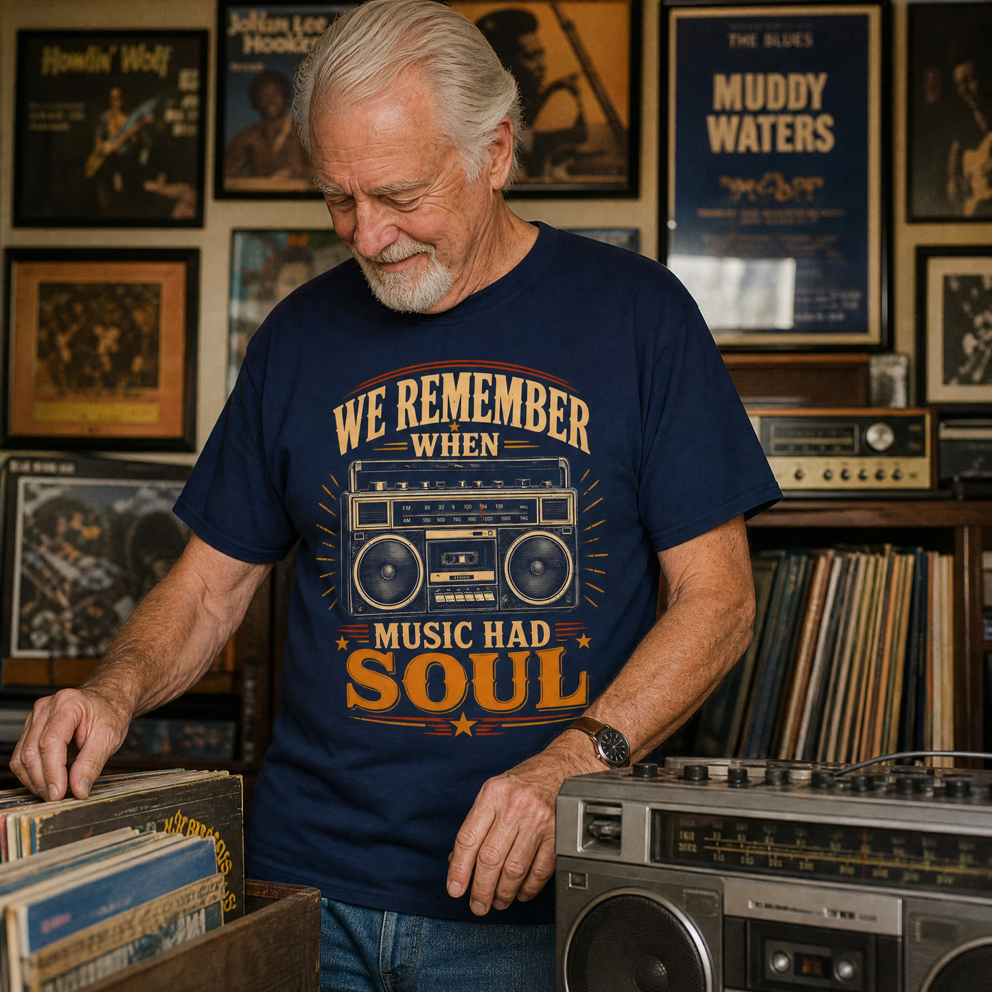 Senior man wearing navy vintage t-shirt with printed radio and music soul design.