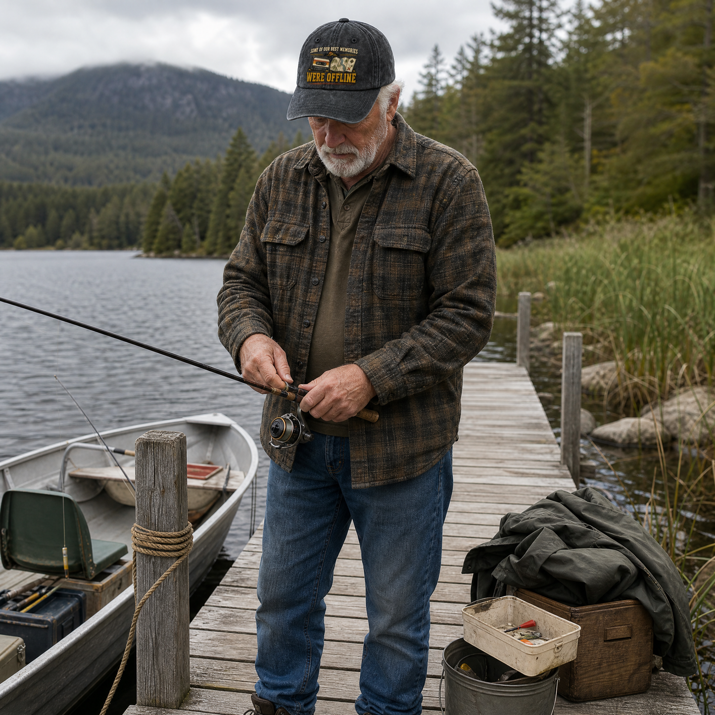 Senior man wearing black vintage washed cap with printed offline slogan, fishing beside mountain lake.