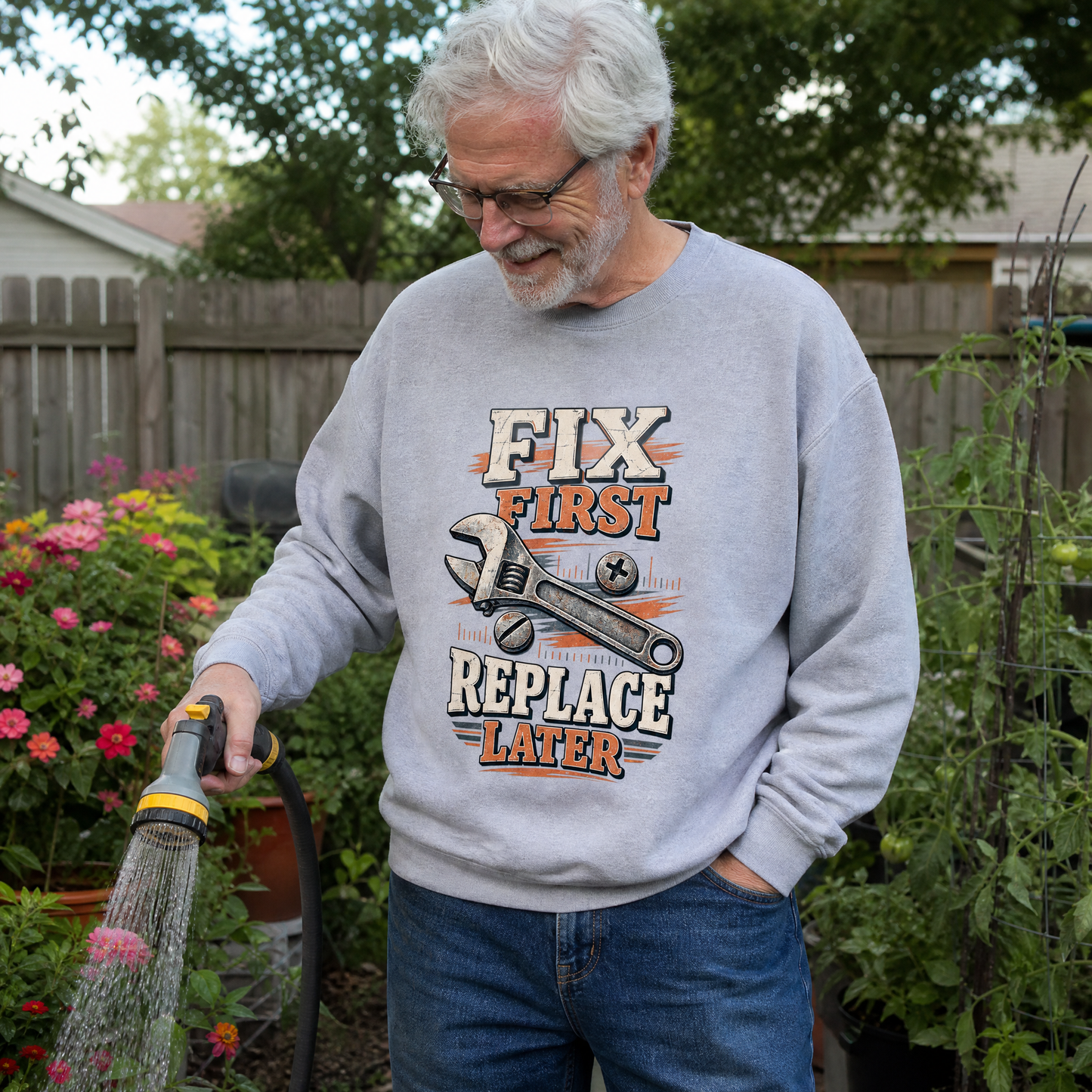 Senior man wearing light gray vintage sweatshirt with printed Fix First Replace Later design, gardening.