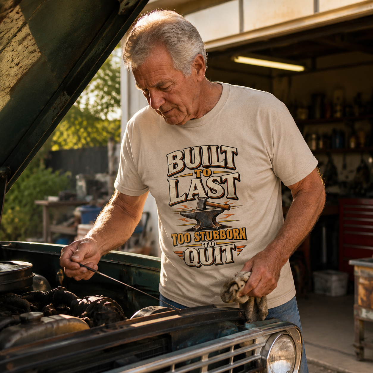 White vintage t-shirt with printed Built To Last slogan worn by senior man repairing car
