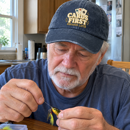 Senior man wearing navy vintage washed cap with printed Cards First Errands Later slogan indoors