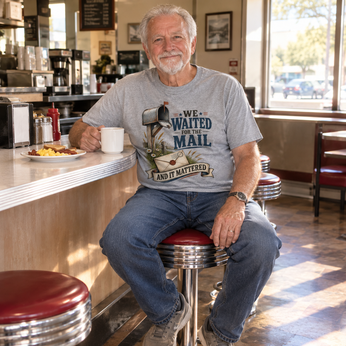 Senior man wearing gray vintage t-shirt with printed mail slogan, seated in diner.