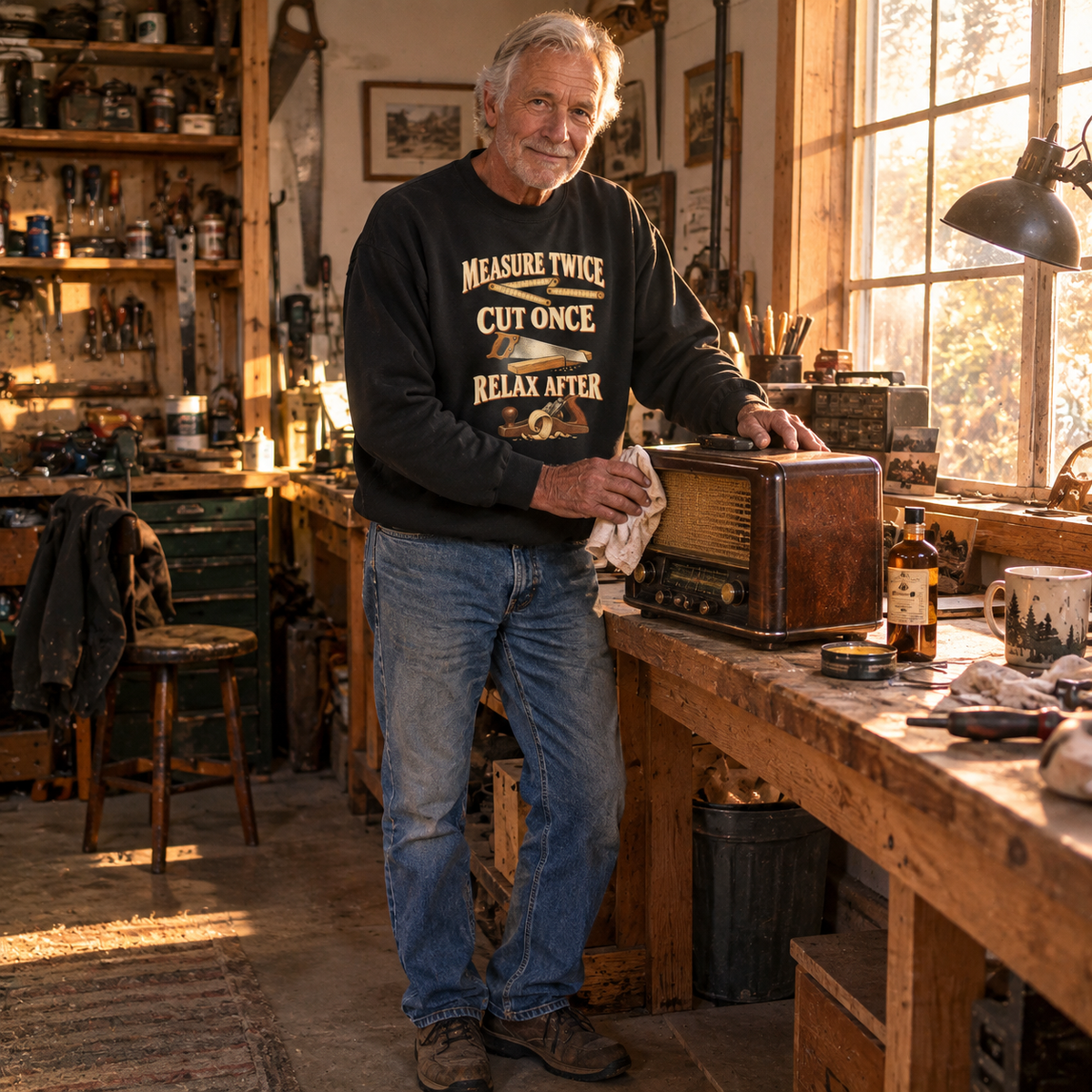 Senior man wearing black vintage sweatshirt with printed Measure Twice Cut Once Relax After slogan