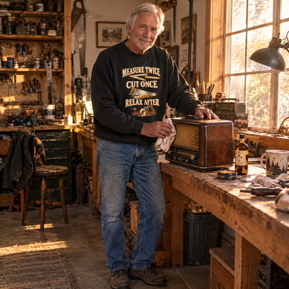 Senior man wearing black vintage sweatshirt with printed Measure Twice Cut Once Relax After slogan