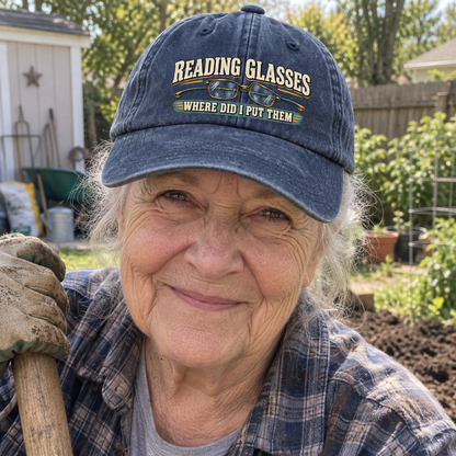 Senior woman wearing navy vintage washed cap printed Reading Glasses Where Did I Put Them