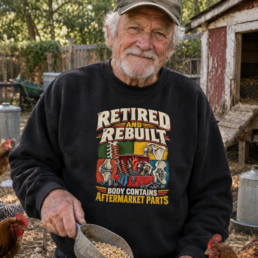 Black vintage sweatshirt with printed Retired And Rebuilt aftermarket parts design, modeled by senior man outdoors.