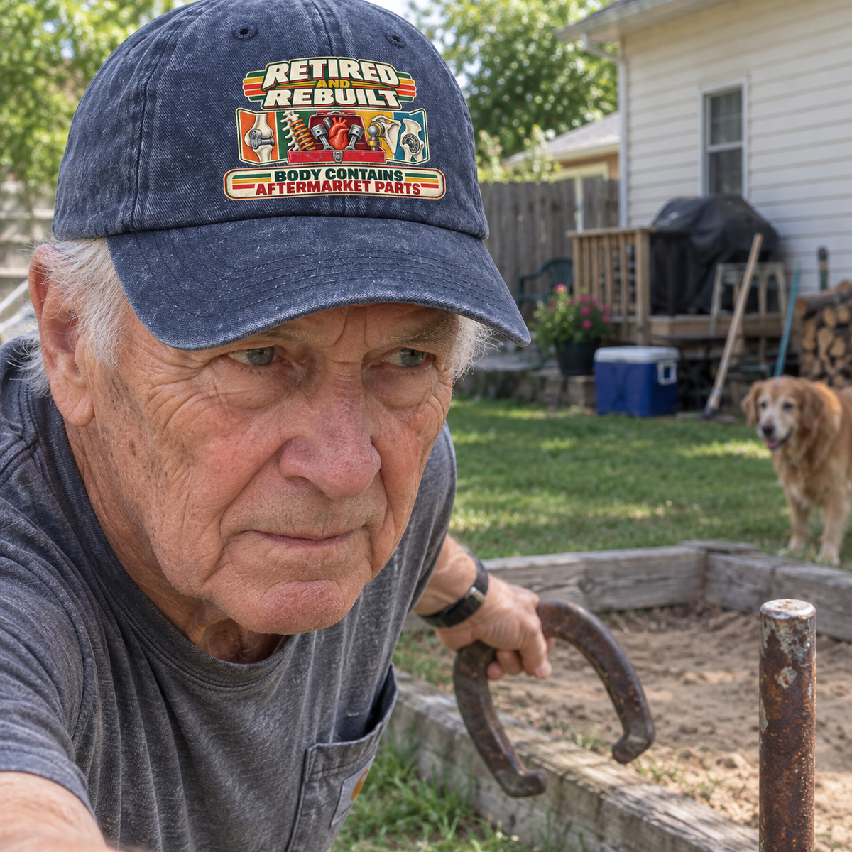 Senior man outdoors wears navy vintage washed cap with printed aftermarket parts slogan