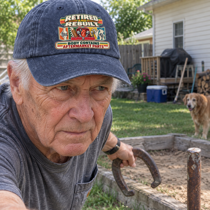 Senior man outdoors wears navy vintage washed cap with printed aftermarket parts slogan