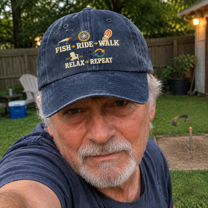 Senior man wearing blue vintage washed cap with printed Fish Ride Walk Relax Repeat slogan