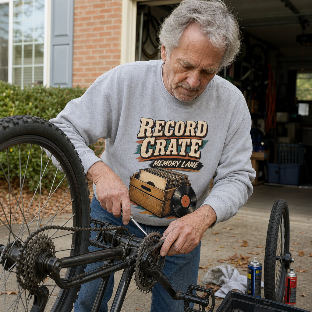Senior man wearing gray vintage sweatshirt featuring Record Crate Memory Lane design, lifestyle view.