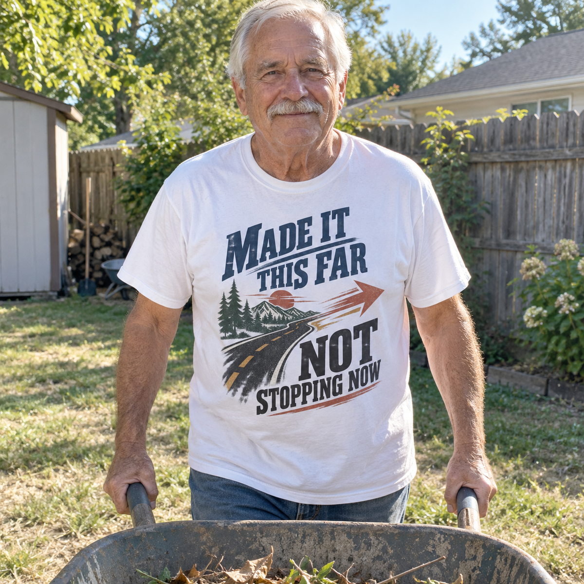 Senior man wearing white vintage t-shirt printed with road graphic and motivational slogan