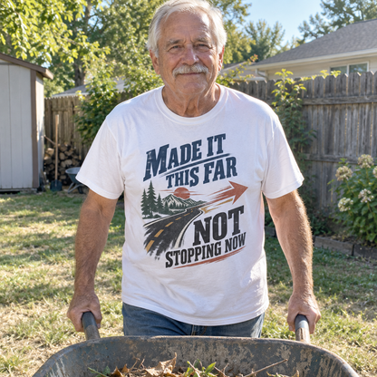 Senior man wearing white vintage t-shirt printed with road graphic and motivational slogan