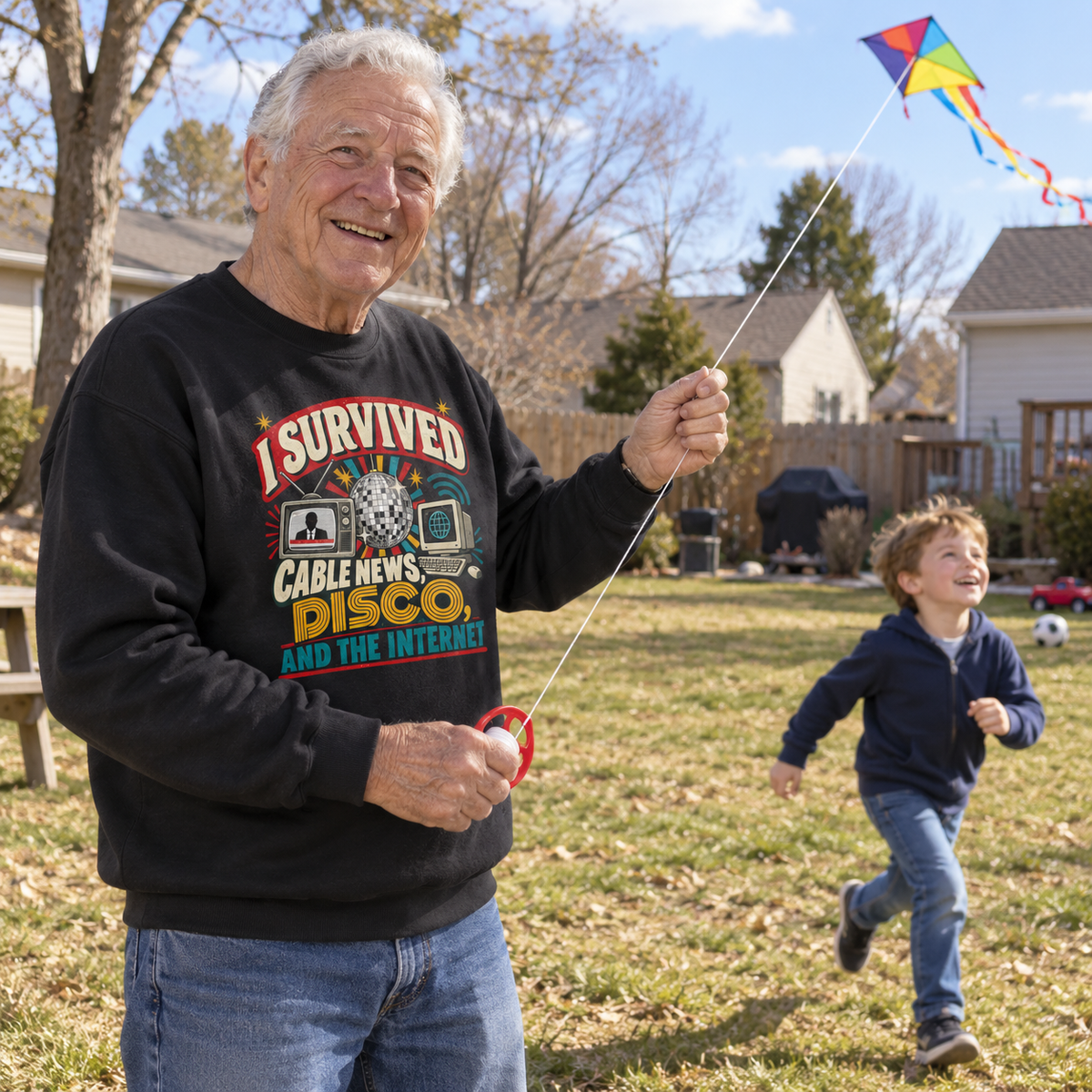 Senior man wears black vintage sweatshirt with colorful printed slogan while flying kite.